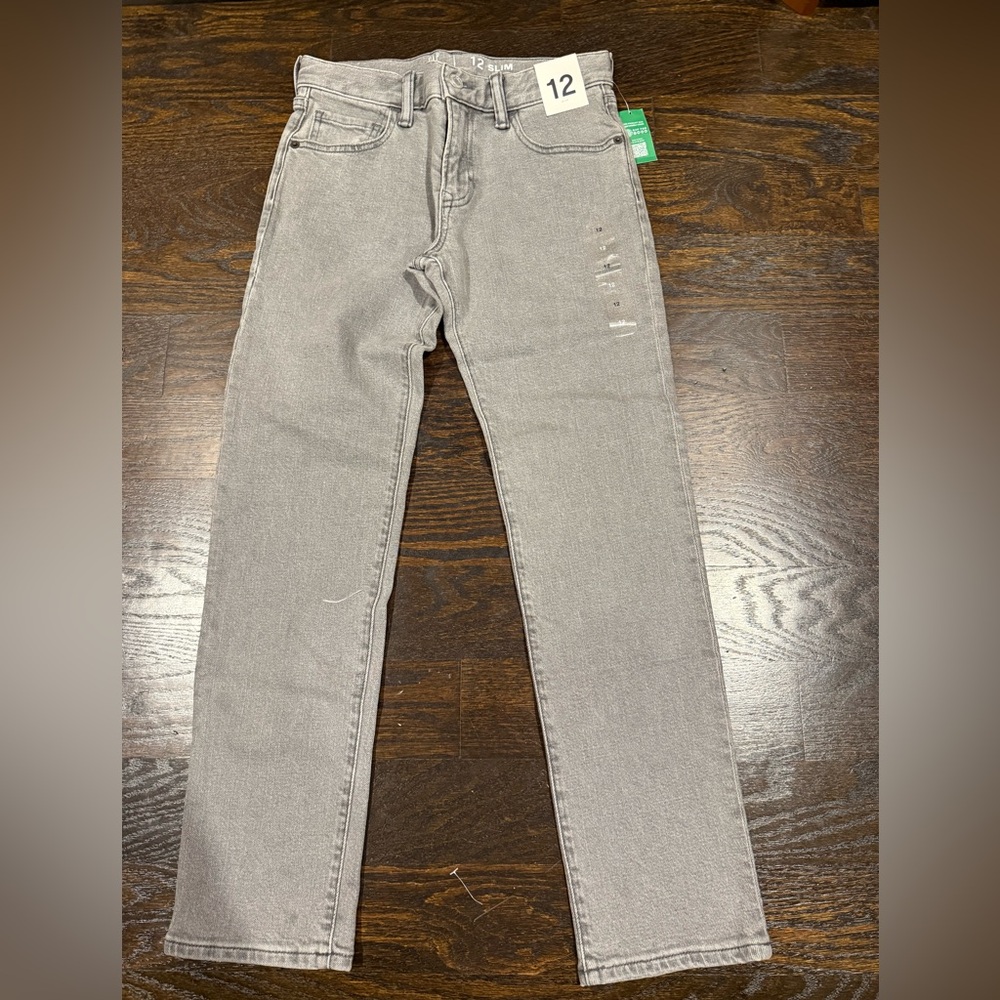 NWT GAP Boy’s Sz 12 Light Gray/ Black Straight Jeans w Adjustable Waist Tabs